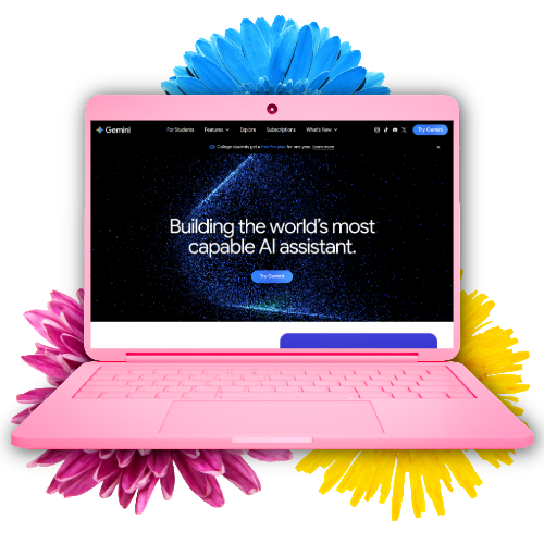 Pink laptop with a blue flower behind it, displaying a webpage for Gemini AI assistant with the text 'Building the world's most capable AI assistant'.