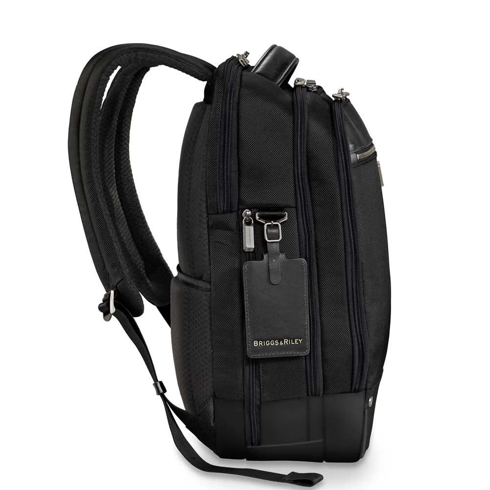 black backpack hanging leather id tag
