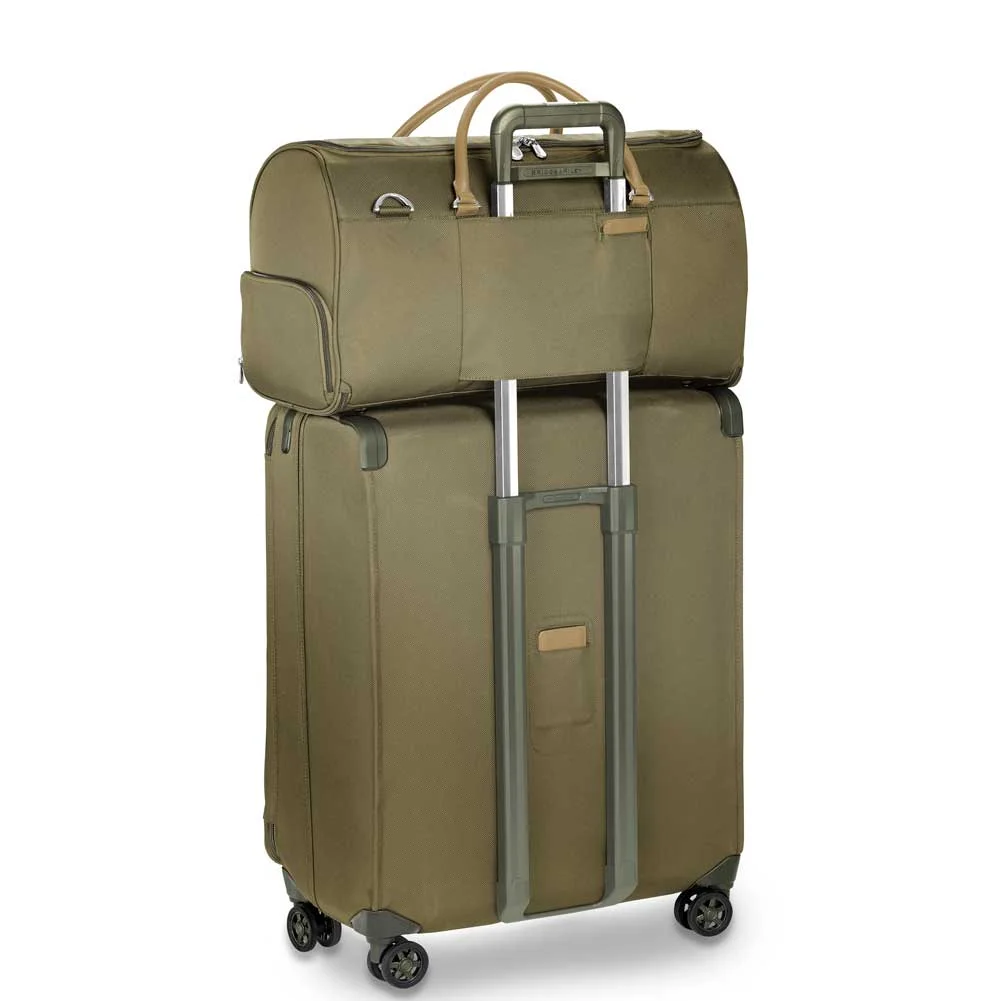 olive green Briggs & Riley Baseline Suiter Duffel fits over rolling luggage