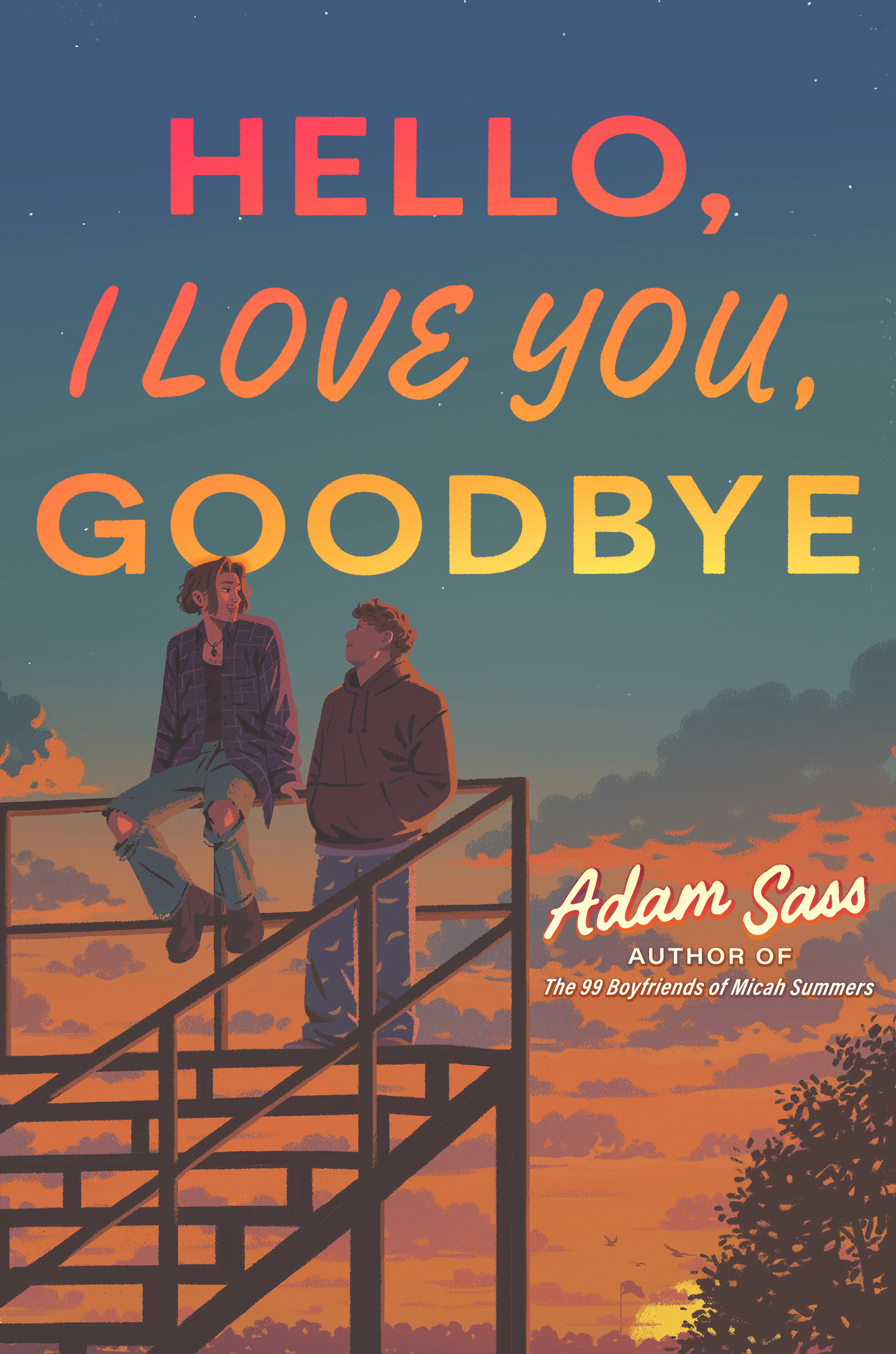 Cover for book called Hello, I Love You, Goodbye by Adam Sass. Image is two LGBT teen boys standing on top of high school bleachers with a sunrise in the background