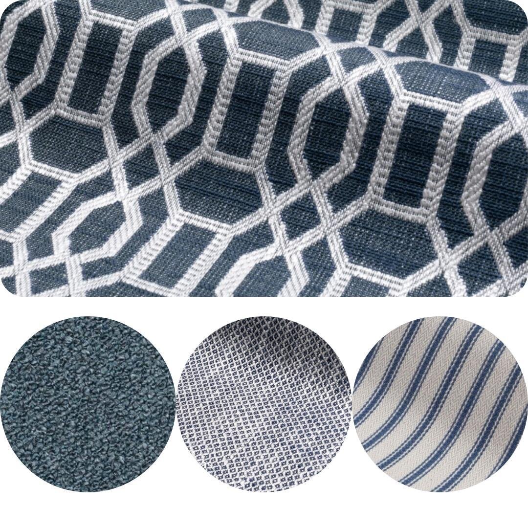 We have been working on our Chateau Range and added some new colours and textures!⁠
⁠
Top: Chateau Geo Navy⁠
Bottom left: Angola 02⁠
Bottom middle: Chateau Plain Navy⁠
Bottom Right: Ticking Boat Blue⁠
⁠
All colours available to view in our showroom! 