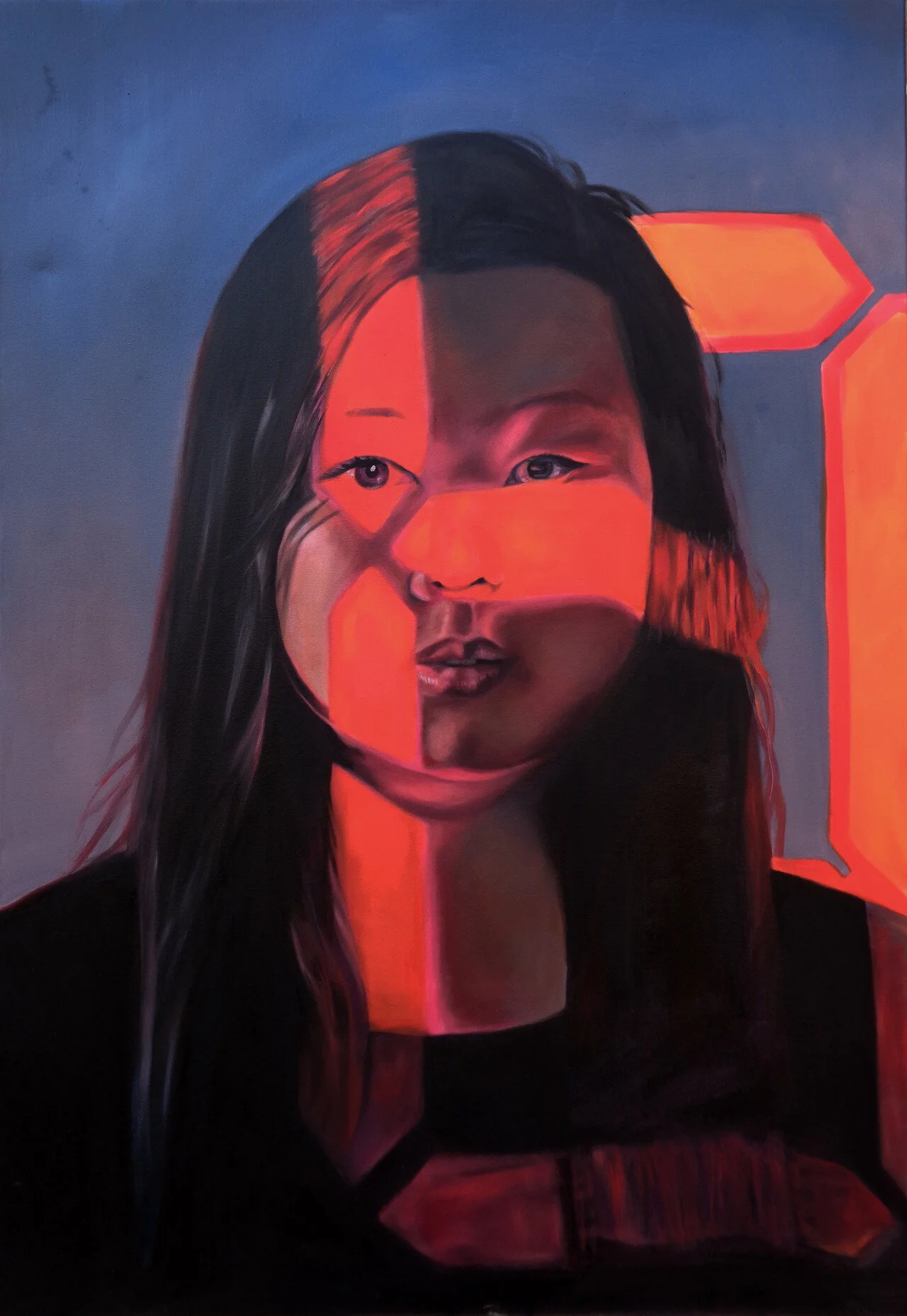  8. 40” x 50”. Oil.  A  glowing red countdown to my twenty second birthday is projected onto my face. Hovering over the edge of falling past what is societally constituted as the peak of ‘eternal’ youth, I reflect on memory, identity, trepidation and