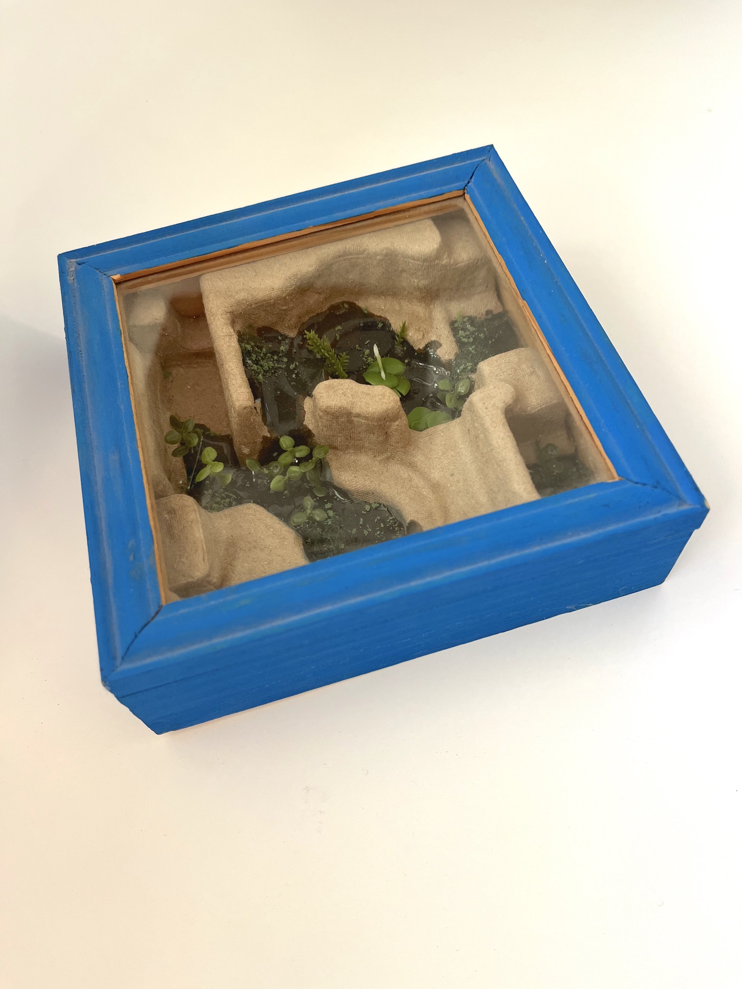   Pulley Pond  | found box, cardboard (from some type of wheel thing?), resin, flocking, acrylic | 2x5.5x5.5 inches | 2022 