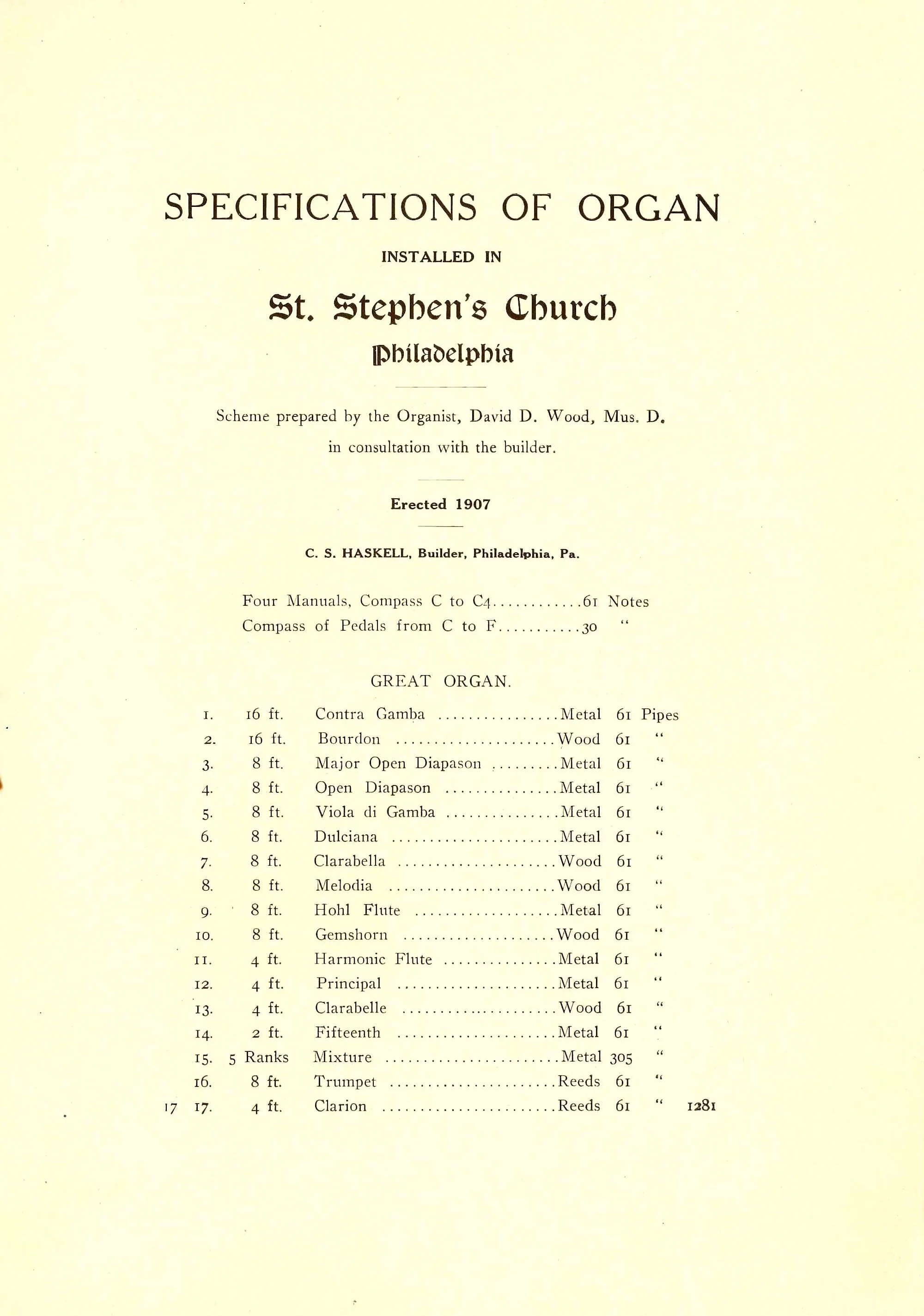 Leaflet for the Consecration of the Memorial Organ, 1907, courtesy of philadelphiastudies.org