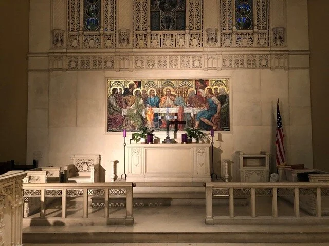 Chancel by Tiffany Studios, 1917, and mosaic mural of the Last Supper by Henry and Kate Holiday with the London Salviati mosaic studio, 1889