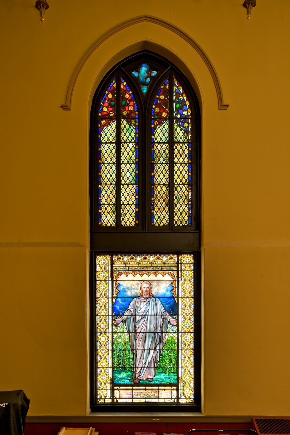 Tiffany Studios, "Welcoming Christ" and ornamental window from 1820s or later