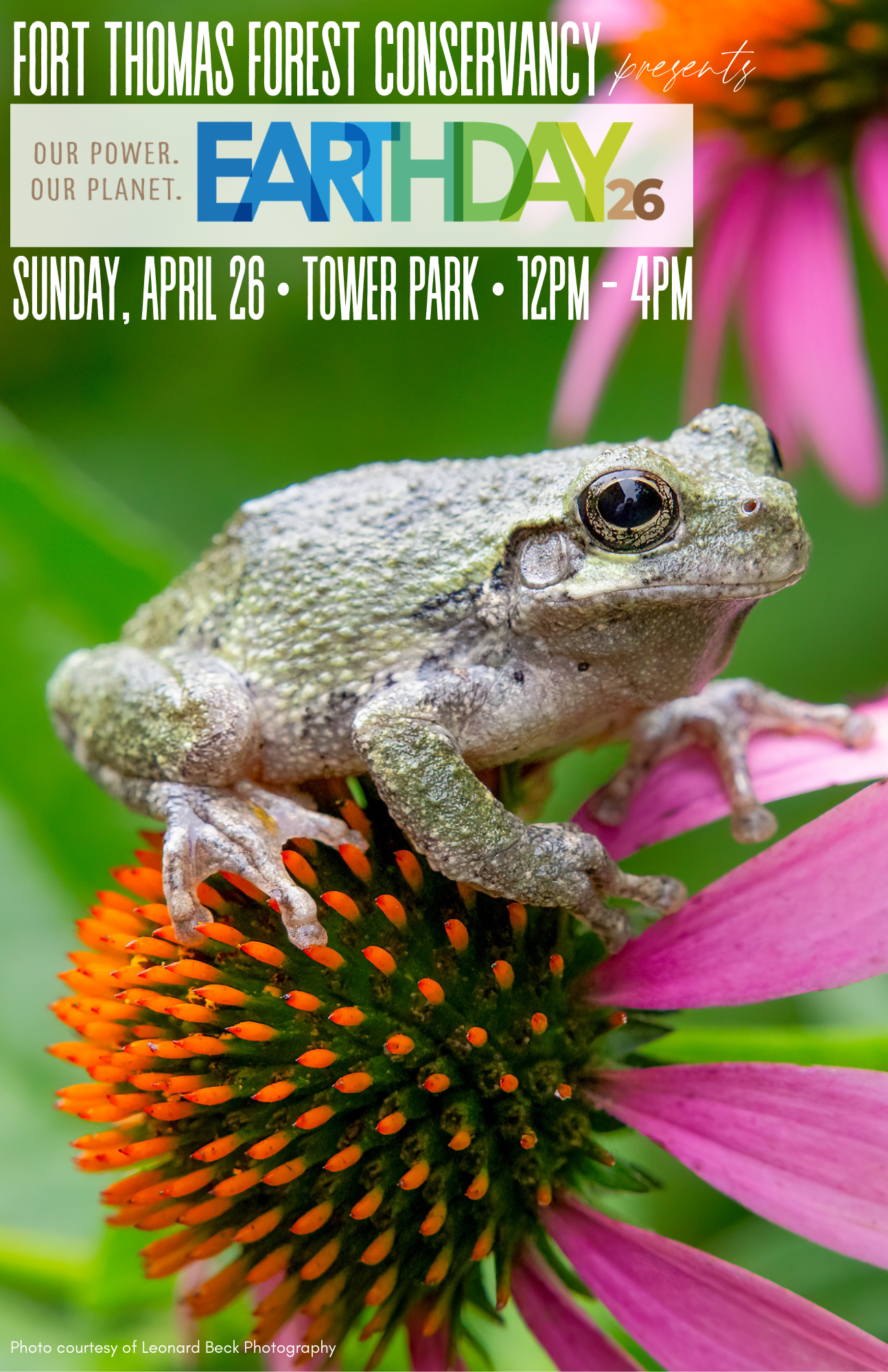 Earth Day poster with frog photo taken by Leonard Beck.
