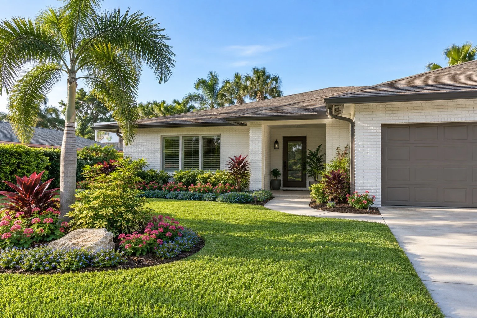 AI-generated Florida landscape design inspiration: white brick home, layered flowering beds, palm and St. Augustine-style lawn. Not an RLC customer project.