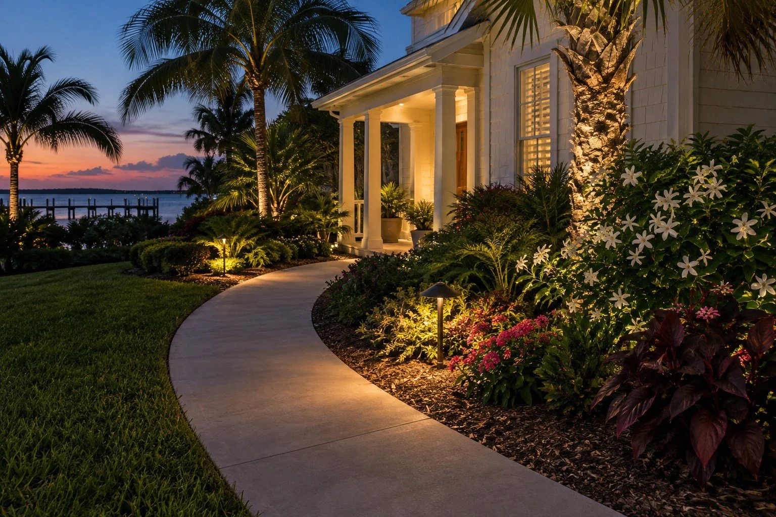 AI-generated lighting inspiration: warm landscape lights illuminate a Florida home, palms and flowering beds at twilight. Not an RLC customer project.