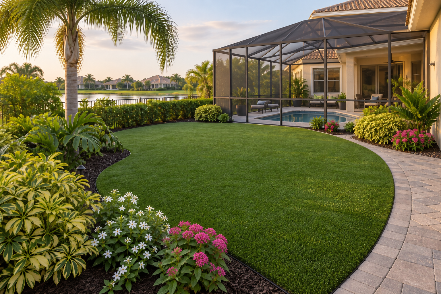 AI-generated artificial turf inspiration beside a Florida screened pool, with a continuous curved patio border and tropical planting beds. Not an RLC customer project.