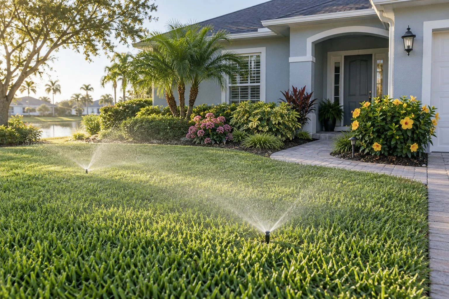 AI-generated irrigation inspiration: lawn sprinklers watering a Florida yard beside colorful foundation beds. Not an RLC customer project.