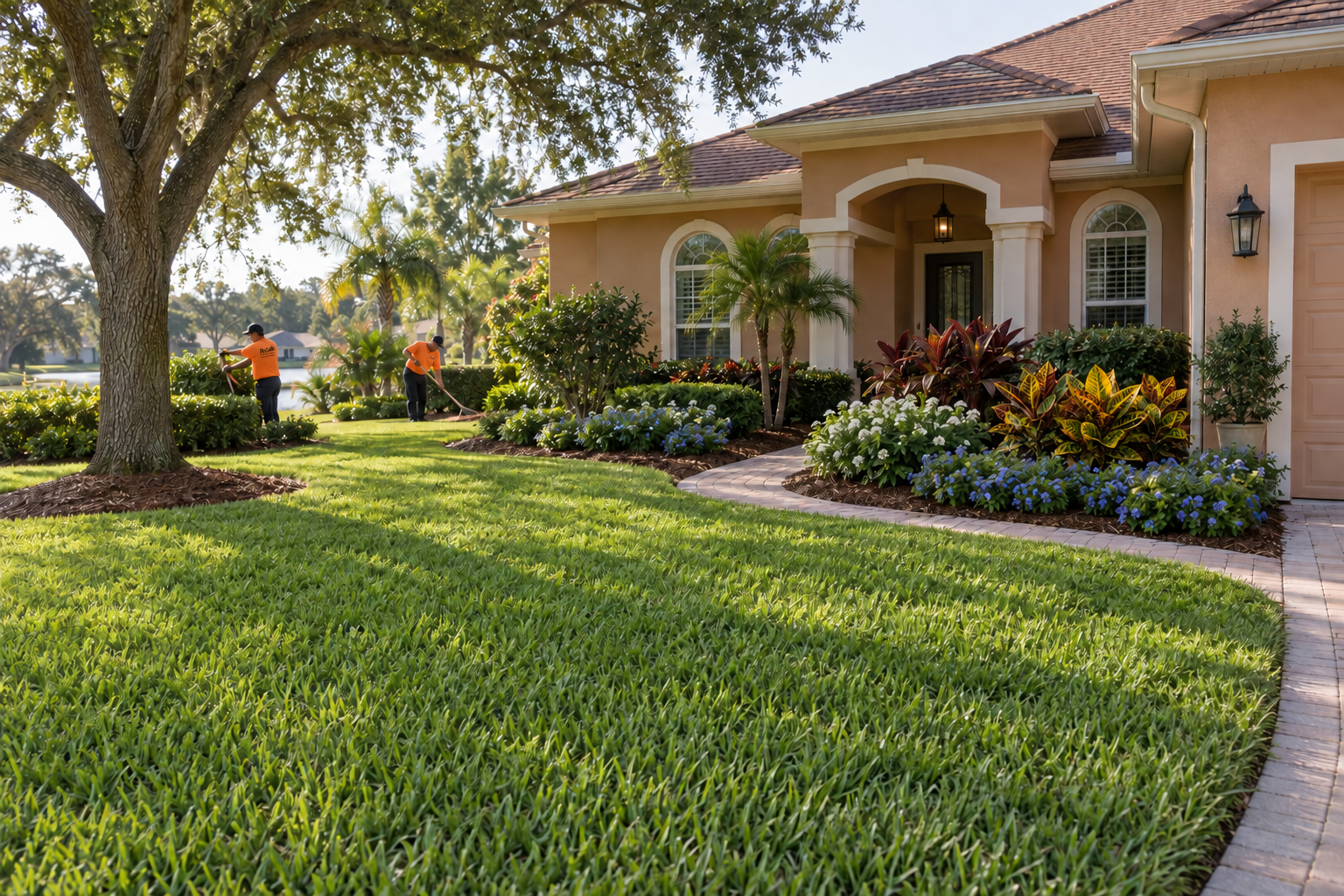 AI-generated maintenance inspiration: Florida home with maintained lawn and flowering beds; illustrative workers wear orange RLC work shirts and black pants. Not an RLC customer project or team photo.