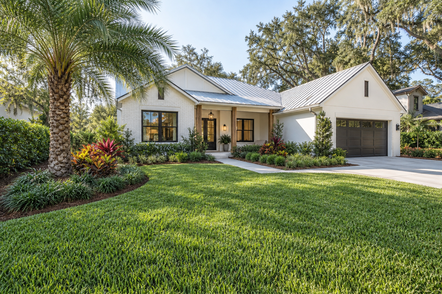 AI-generated Florida landscape inspiration: white farmhouse, Sylvester-style palm, layered planting beds and broad-bladed lawn. Not an RLC customer project.