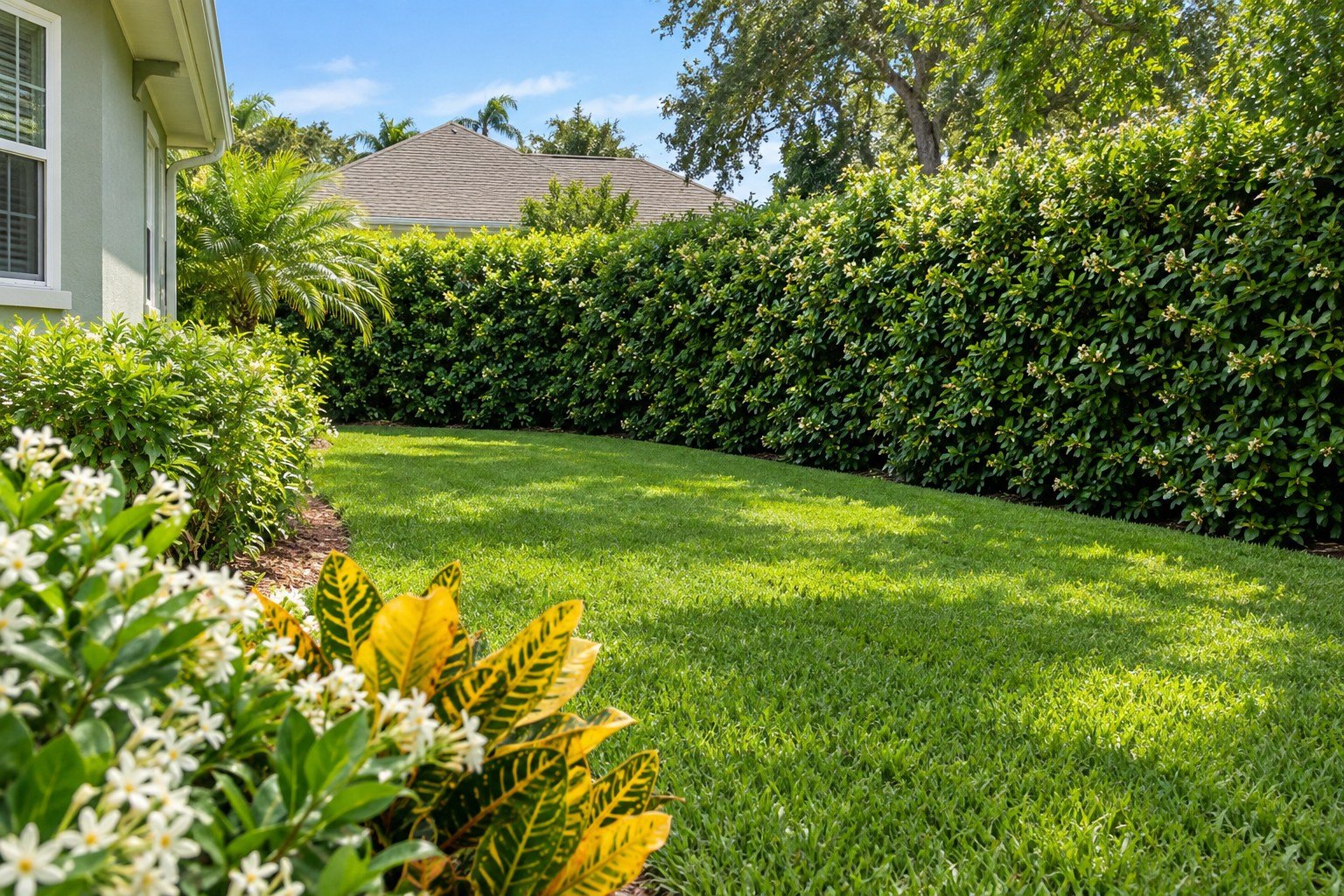 AI-generated Florida privacy hedge inspiration: dense green screening beside a home with flowering border plants. Not an RLC customer project.