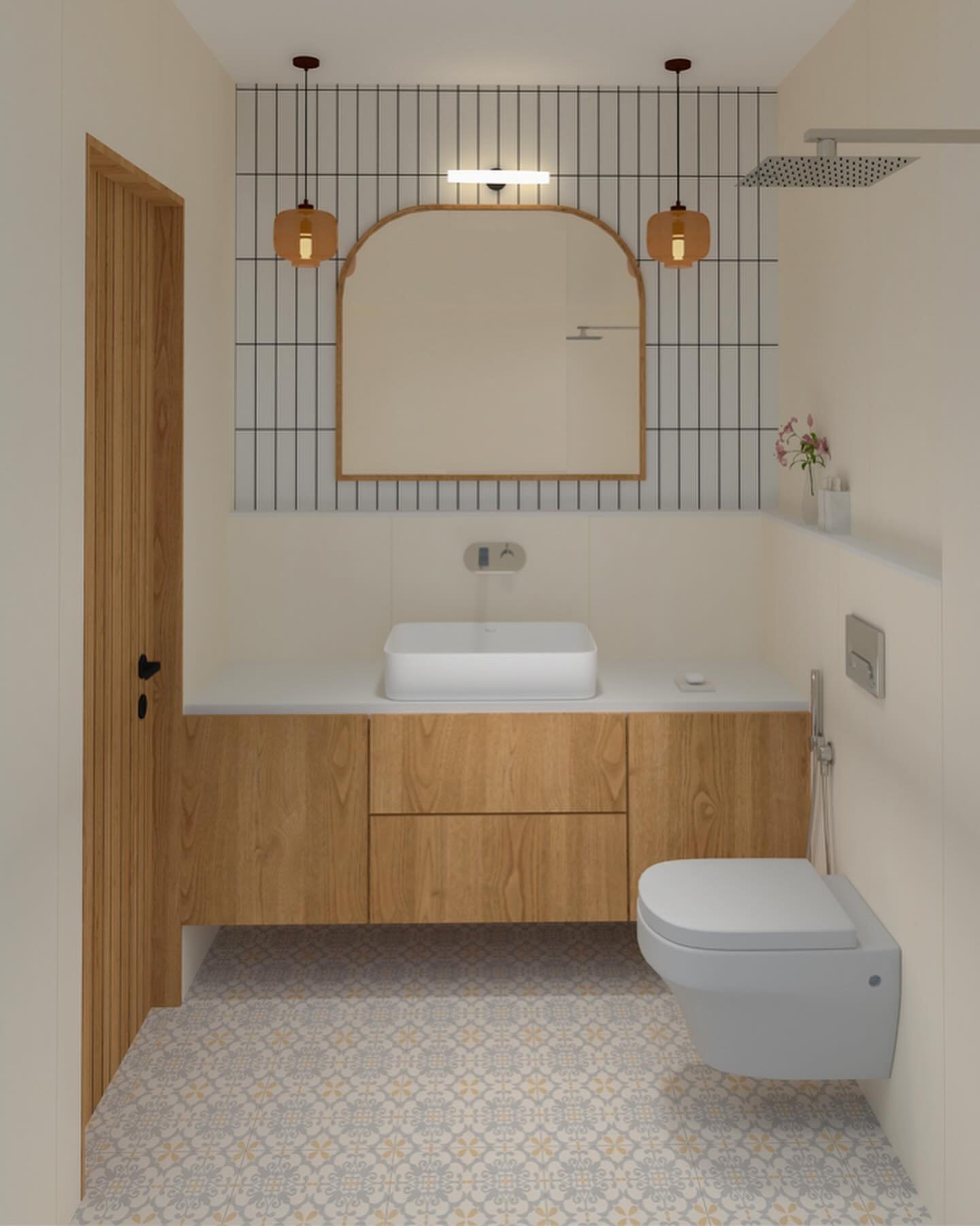 Our beautiful bathroom design concepts for an upcoming residence project. 🤩

1. Master bathroom - Planned a patterned floor tile, with a complementary beige wall tile. White subway tiles act as the backdrop for the vanity. 

2. En-suite and guest ba