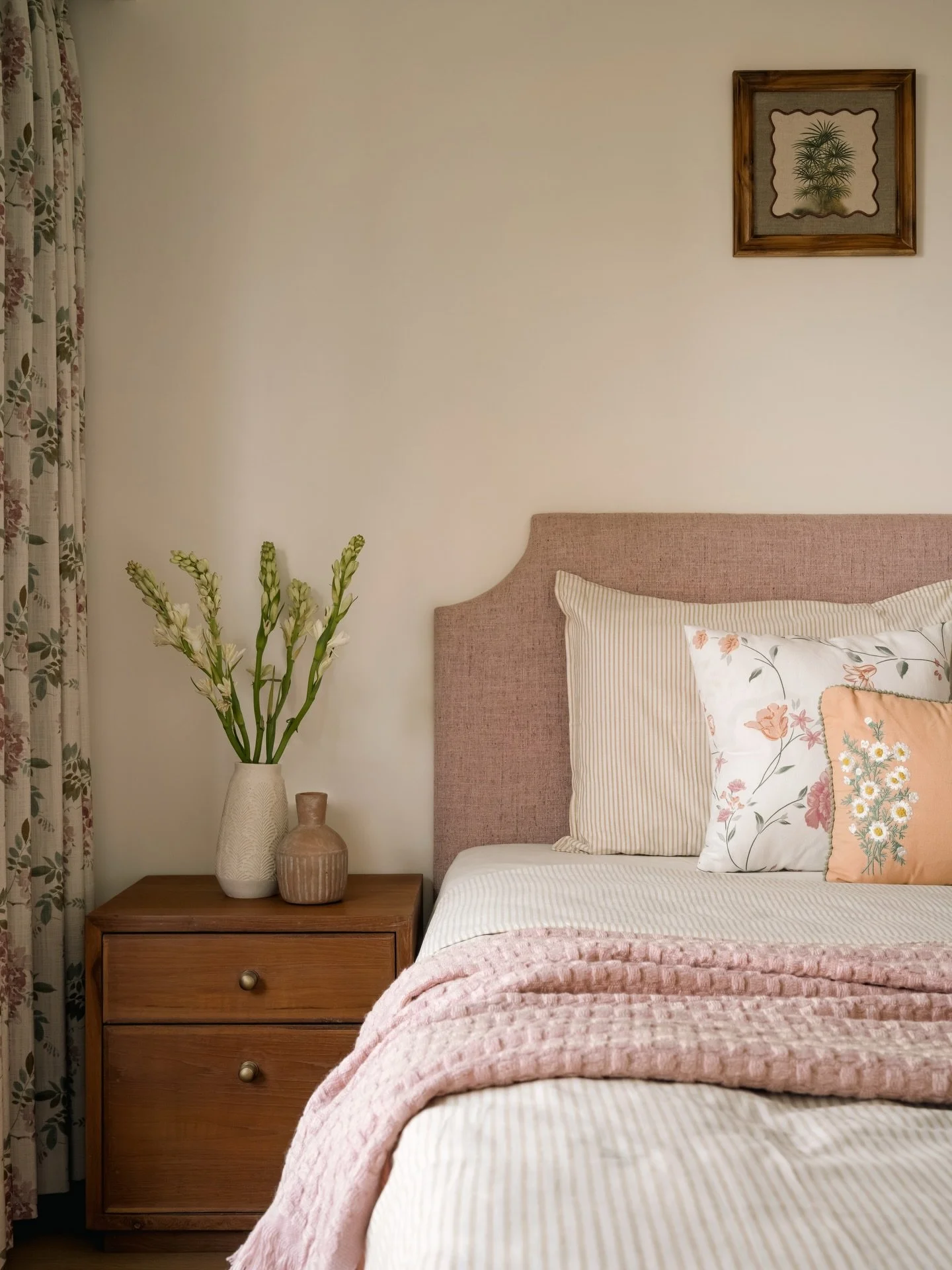 RESIDENCE RS: Where Modern meets Cozy 🧡

Designed a room for a Mother - warm, welcoming, and dressed up in soft linens and floral prints! ✨
A perfect sanctuary to retreat to during the course of the day. 

🪄 - @made.by.urvashi_sathaye 
📸 - @mkgand