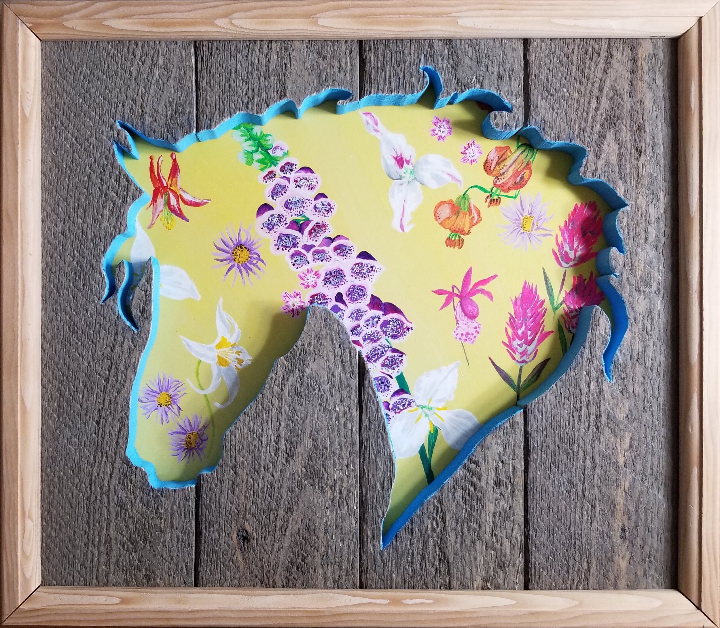 This was the 2nd artwork in Elaina’s collection. Cory did the woodwork and I painted.