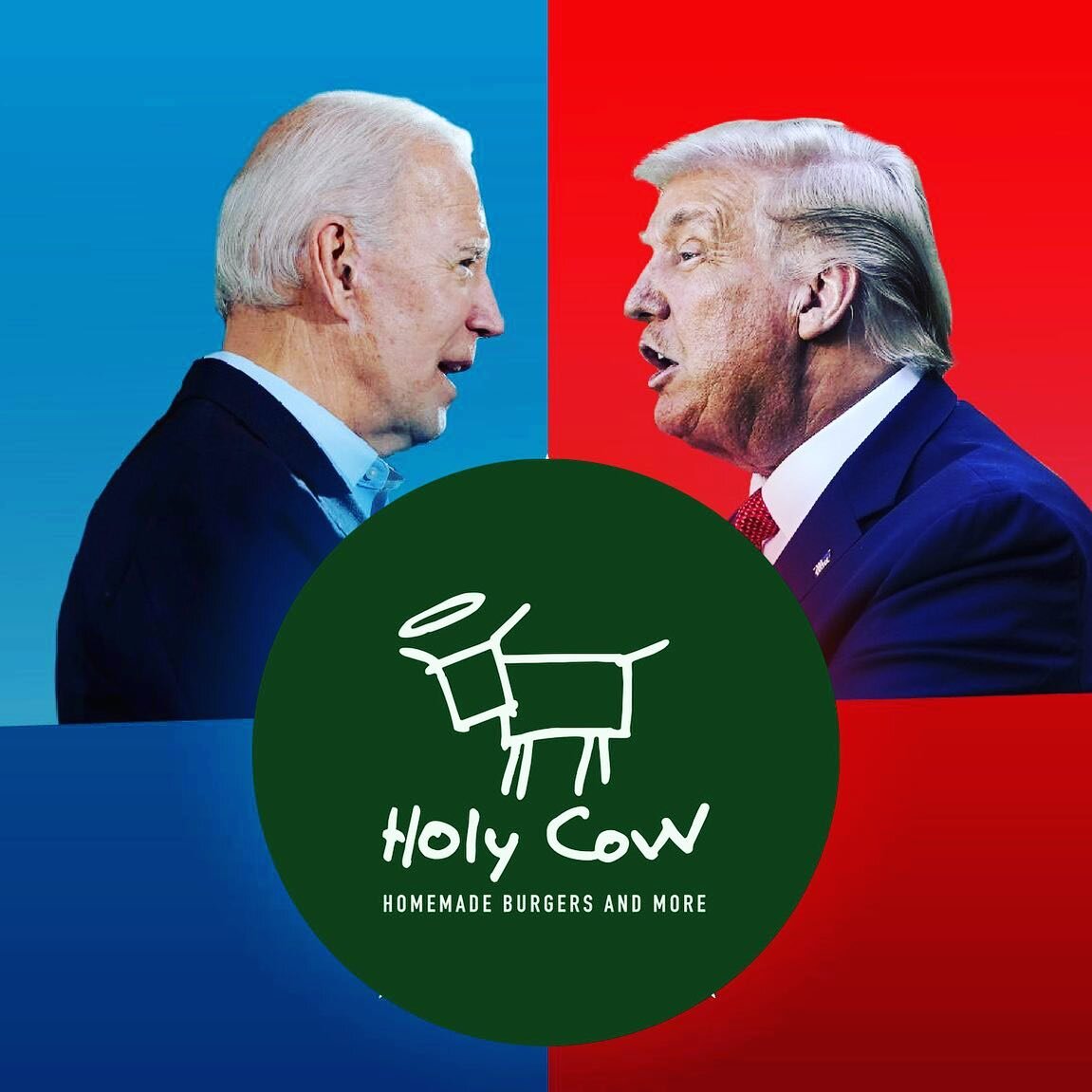 S&aring; er der valg, skal du have en Biden burger eller en Trump Burger? Hvis du bestiller en Biden f&aring;r du en Holy Cow med ost og bacon hvis du bestiller en Trump f&aring; du en Holy Cow uden b&oslash;f, begge koster 90,-
#holycowdk #holycowbu