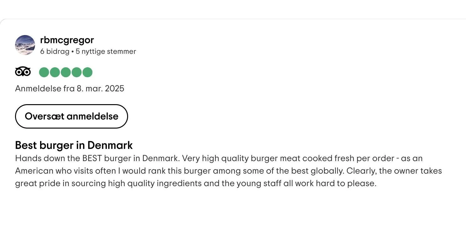 &ldquo;Best burger in Denmark!&rdquo;

Wow! Tak til vores fantastiske g&aelig;st for denne utrolige anmeldelse!  At blive sammenlignet med de bedste burgere globalt &ndash; det betyder virkelig meget for os. 

Hos Holy Cow g&aring;r vi aldrig p&aring