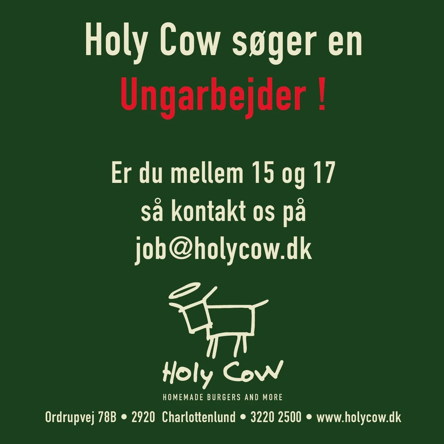 Vi mangler en ungarbejder p&aring; Holy Cow, kender du en fornuftig og pligtopfyldende pige eller dreng mellem 15 &amp; 17 som kunne t&aelig;nke et job giv dem et praj...
DU M&Aring; MEGET GERNE DELE OPSLAGET