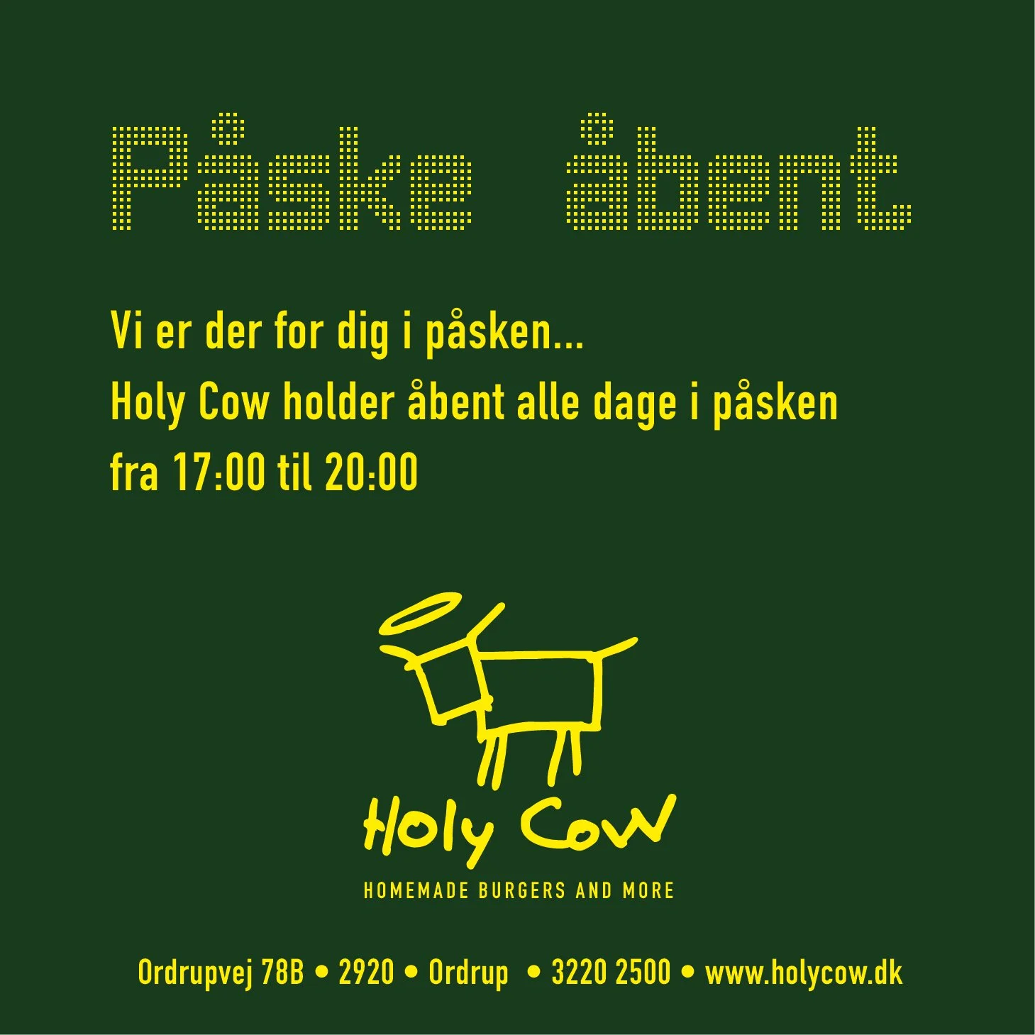 God p&aring;ske, vi er klar med reservatets bedste burger hele p&aring;sken.#holycowburger #holycowdk #ordrupvej78b #bedsteburger #holycow