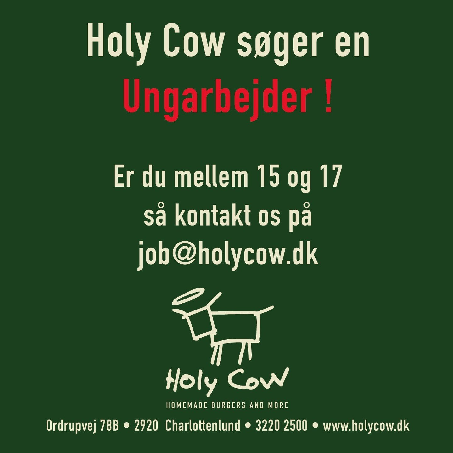 Vi mangler en ungarbejder p&aring; Holy Cow, kender du en fornuftig og pligtopfyldende pige eller dreng mellem 15 &amp; 17 som kunne t&aelig;nke et job giv dem et praj...
DU M&Aring; MEGET GERNE DELE OPSLAGET