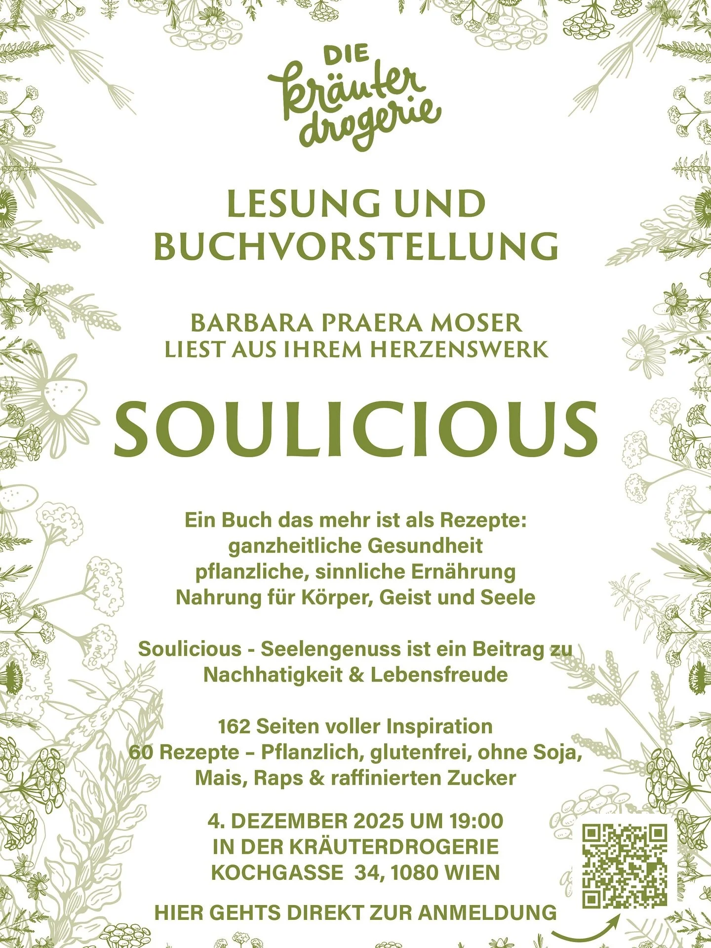 Ein Buch das mehr ist als nur Rezepte. Buchvorstellung und Lesung mit der Autorin Barbara Praera Moser am 4. Dezember 2025, bei uns in der Kr&auml;uterdrogerie, Kochgasse 34, 1080 Wien. Der Eintritt ist frei, um Anmeldung wird gebeten. Anmeldung unte