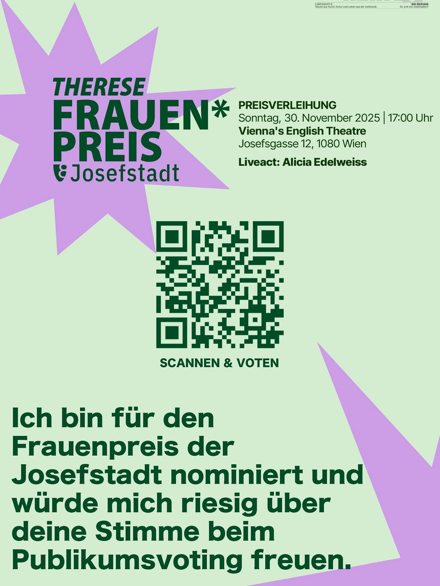 🥳 Juhuu, Zsuzs&aacute;nna ist f&uuml;r den Josefst&auml;dter Frauenpreis nominiert, und wer m&ouml;chte kann f&uuml;r sie in der Kategorie &ldquo;Publikumspreis&rdquo; bis 27.11. 2025 abstimmen. 👉 www.derachte.at/frauenpreis 👈 Danke f&uuml;r euer 