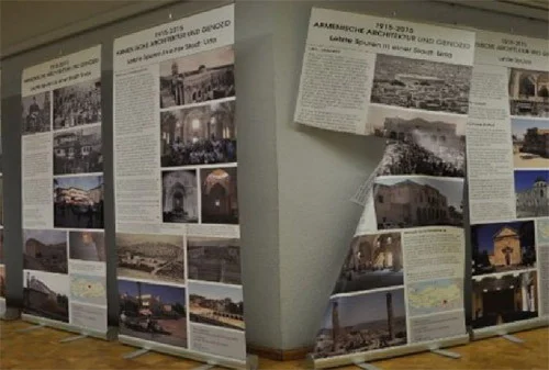 “1915-2015: Armenian Architecture and Genocide” / knife In January 2016, the exhibition “1915-2015: Armenian Architecture and Genocide,” organized by the
German-Armenian Society, was damaged while on view in
Aachen, Germany. Officials say an unidentified party used a blade to damage the presentation, which compared visuals from Armenian culture and architecture in the Ottoman Empire before 1915 to their current state.