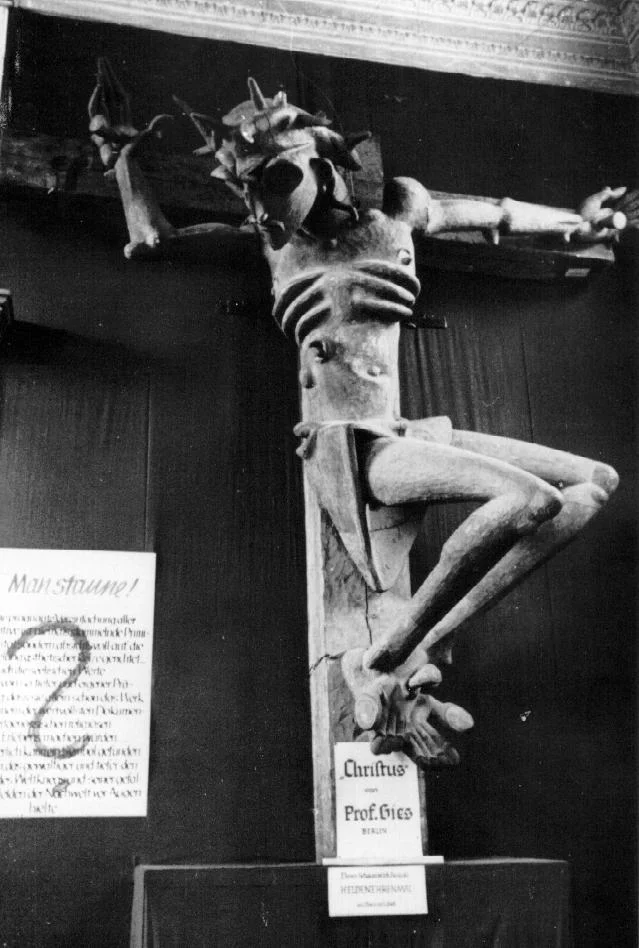 Ludwig Gies, “Kruzifixus (Crucified Christ)” 1921 / church parishioners, Nazis This Expressionistic wood sculpture, initially conceived as part of a proposed WWI war memorial, was offered to Germany’s Lubeck cathedral in 1921. Once installed on a trial run, however, the work immediately provoked controversy among both the parish and the press. On March 3, 1922, unidentified parties entered the cathedral and sawed off the sculpture’s head, which was later found floating in a nearby mill-pond. The piece was eventually repaired and moved to the Stettin Museum - until it was confiscated by the Nazis in 1937, who then included “Kruzifixus” in its Munich exhibition of “Degenerate Art” (as shown in the above photo). At the conclusion of the exhibition, the work was destroyed beyond repair.