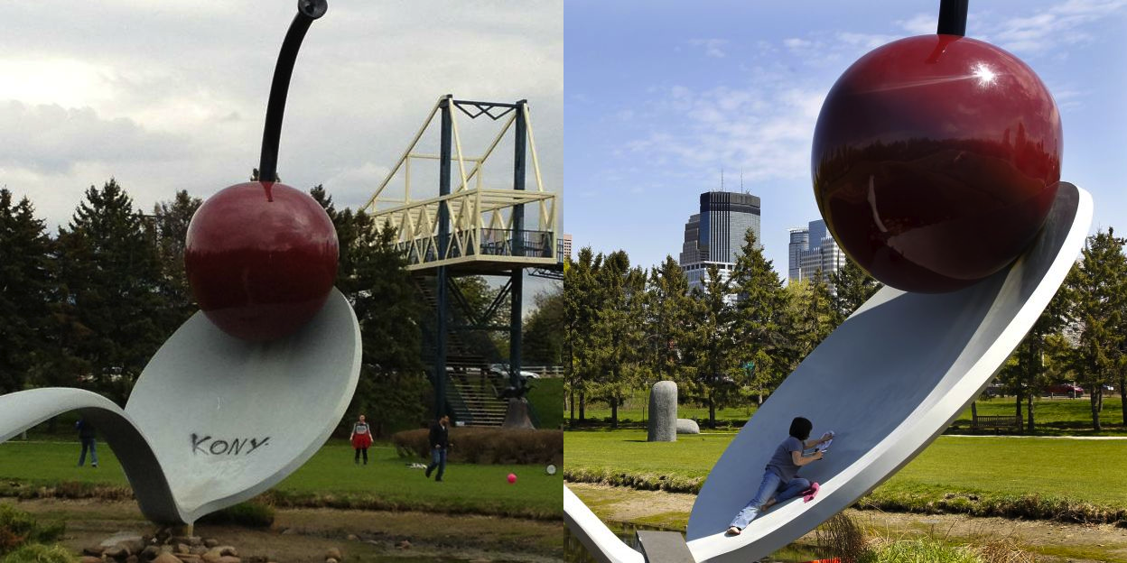 Claes Oldenberg and Coosje van Bruggen “Spoonbridge and Cherry” / Spray paint
(In April 2012, unidentified parties entered the Minneapolis Sculpture Garden at around 1:30 AM and spray painted “Kony” on three artworks, including this sculpture. The vandals were presumed to be supporters of the Kony 2012 campagin. The works were successfully restored two days later.)