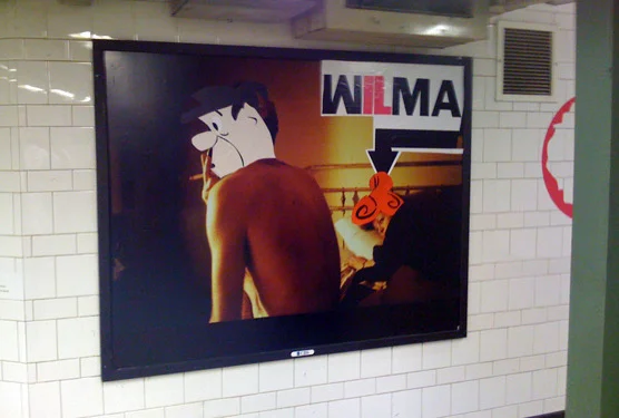 Nan Goldin “Nan and Brian in Bed” (MOMA ad) / poster
(In 2009, MOMA ran an advertising campaign in which it reproduced 57 works from its permanent collection and plastered the images around Brooklyn’s Atlantic-Pacific subway station. The works were soon “re-mixed” by a street artist known as Poster Boy. Interestingly, his accomplice in these acts was Doug Jaeger, the marketing executive who created the campaign for MoMA. One night around 2am, Poster Boy and Jaeger, both wearing official MoMA jackets, convinced MTA security that they were there on official business, and proceeded to glue images strategically onto the various reproductions. When they were done “re-mixing,” Jaeger staged a fashion shoot in front of Poster Boy’s reworked creations, using hired models and a professional photographer. MOMA denied any complicity with Poster Boy.)