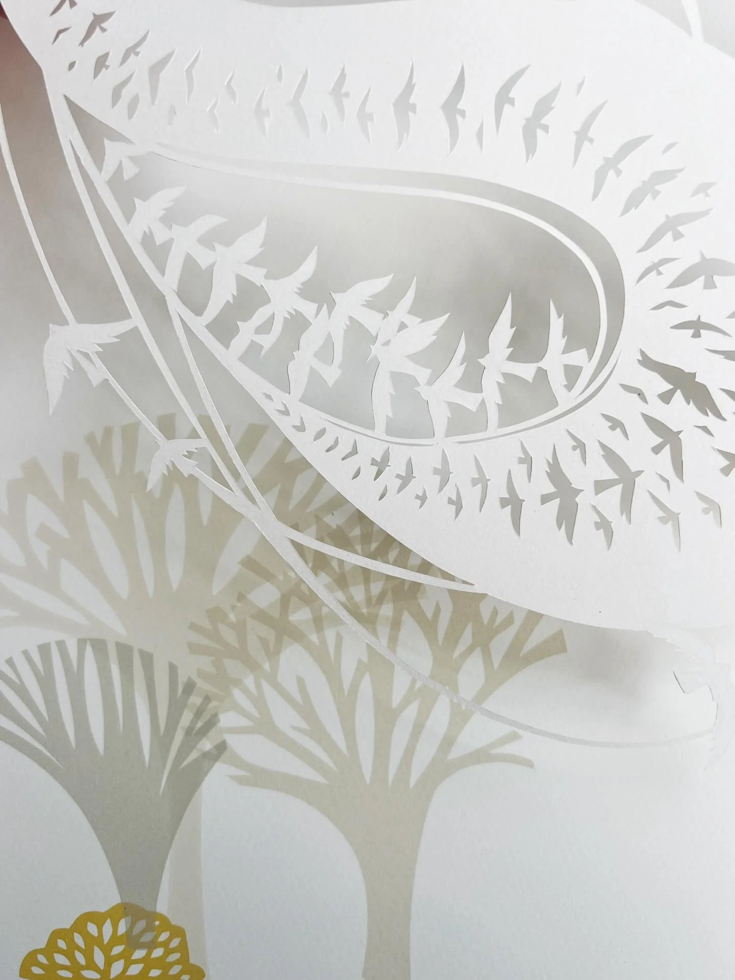 I was delighted at how these white papercuts and screenprints were recieved at the exhibtion. The papercuts float above the hand screenprinted backgrounds and they feel like little magical worlds. So pleased three of them have found new homes. Thanky