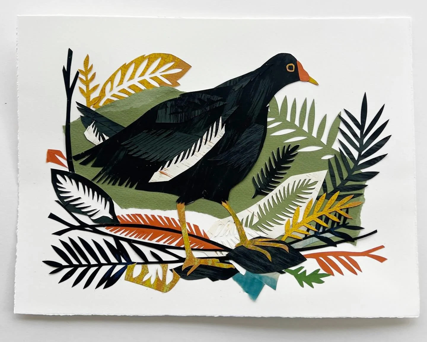 My exhibition came down at the @socaberlady this week and I am delighted that so many of my artworks have new homes. I was also som pleased that my collages were so admired and 2 or the 3 sold. So now I just have this little moorhen left. So I&rsquo;