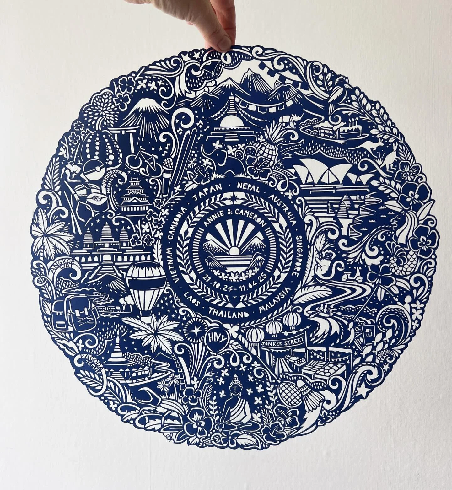 Some of you spotted this commission on my stories last week - it&rsquo;s now all finished and posted off to its recipients. So many travel memories captured in this artwork. Stories from Thailand, Japan, Laos and many more. My papercut commissions ca