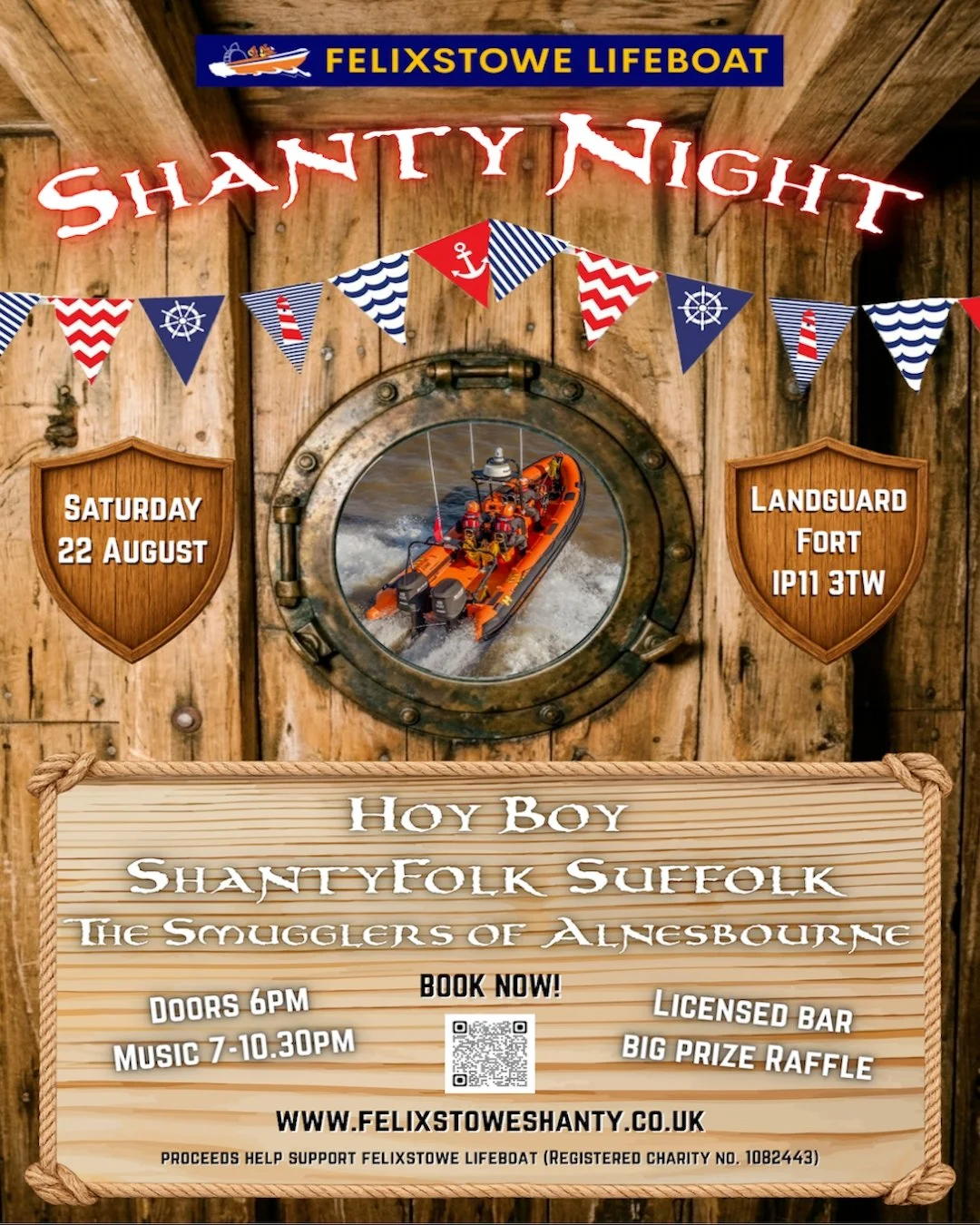 Ahoy, mates! 🏴&zwj;☠️

Get ready to set sail on a musical adventure at Landguard Fort on Saturday, August 22nd for an unforgettable Shanty Night 2026 hosted by Felixstowe Lifeboat! 🎶✨
Join us for a night filled with foot-stomping fun by Hoy Boy, Sh