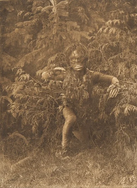 Paqusilahl emerging from the woods. From The North American Indian (1915). 