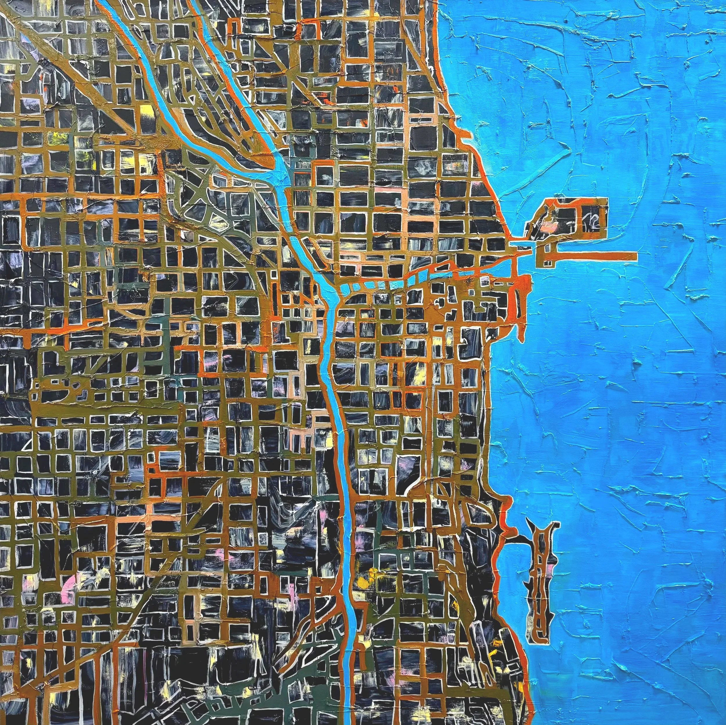   Chicago at Night   48 × 48 inches  Oil on canvas 