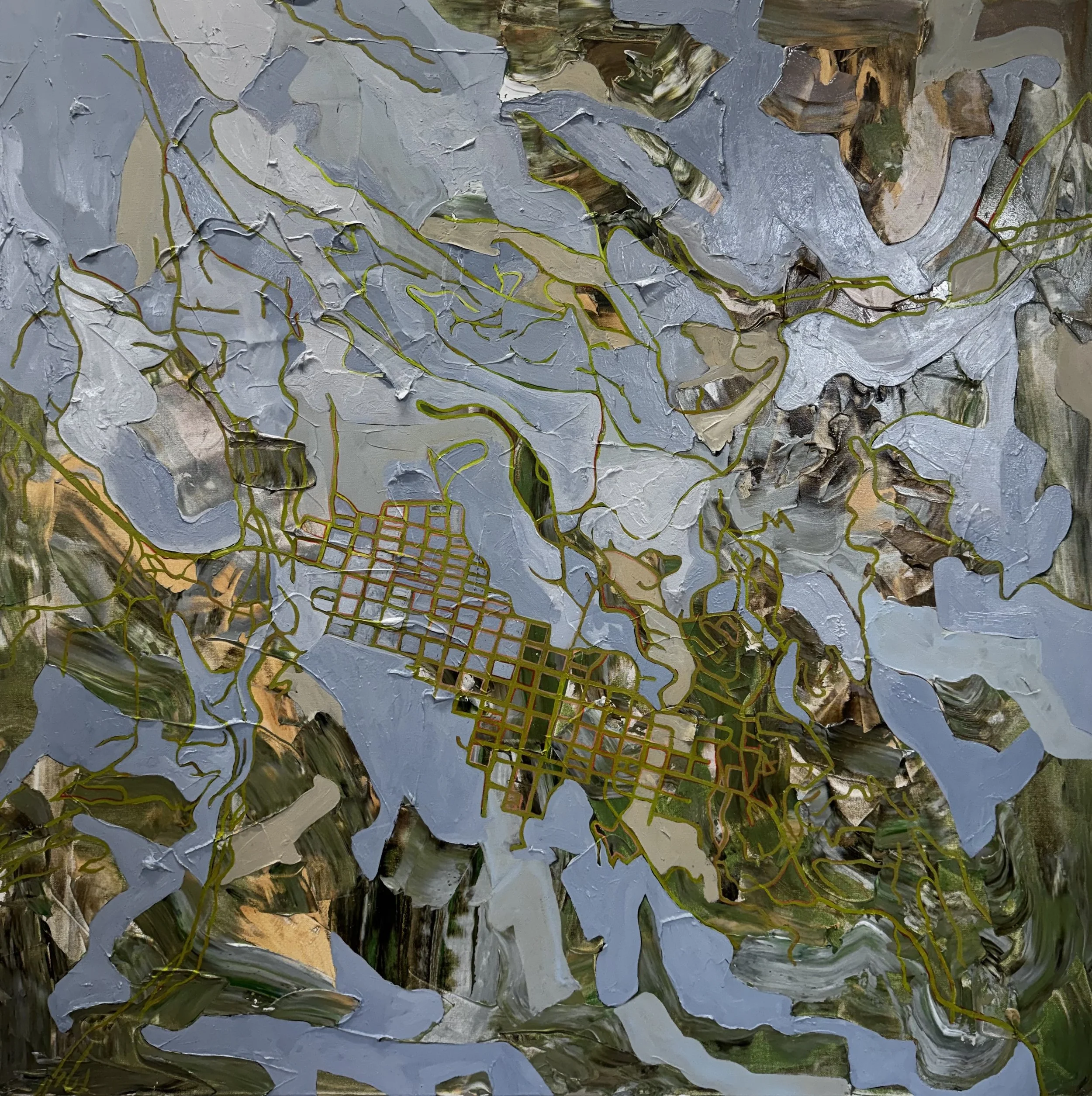   Aspen in Greens and Blues   48 × 48 inches  Mixed media   