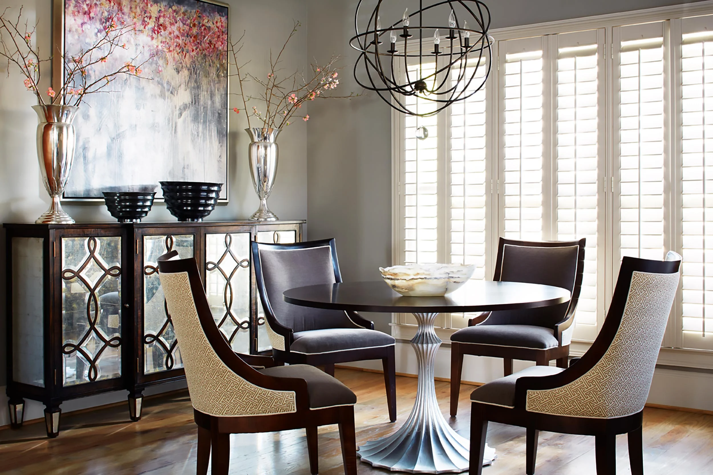 Pedestal Dining Table & Upholstered Chairs