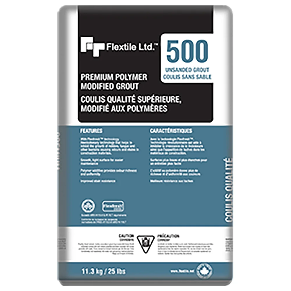 500 P.M. UNSANDED GROUT Flextile 500 Polymer Modified Wall grout is a premium Portland cement-based grout containing finely ground fillers, colorfast pigments, and polymer additives to provide superior flexural and bond strengths