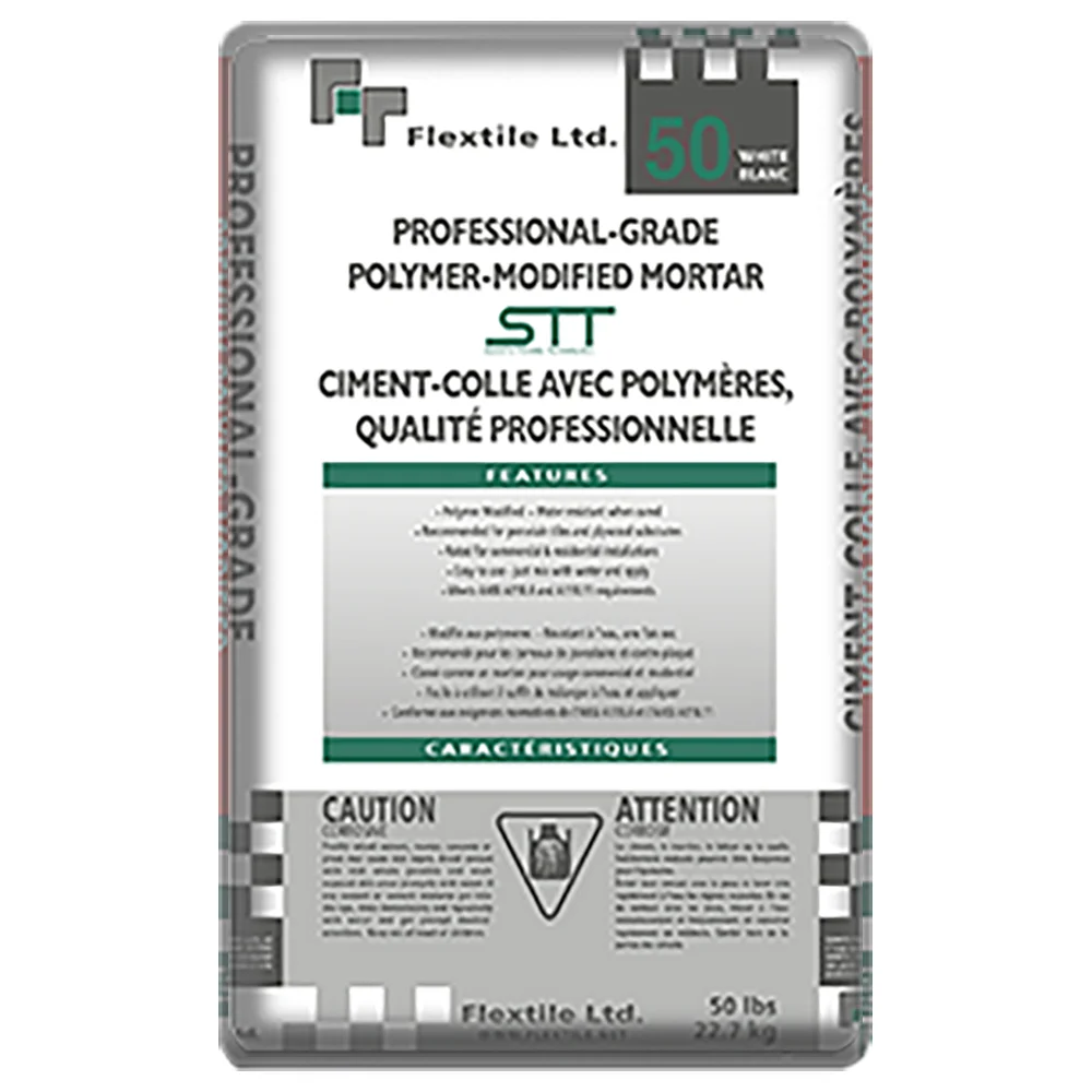 50 PROFESSIONAL GRADE MORTAR Flextile 50 is a professional-grade, high-performance, one-component, polymer-modified thin-set mortar. Unique, high polymer modification provides the superior bonding characteristics and improved flexibility for installation of tile and stone over most surfaces. Installation of marble, granite, slate, precast terrazzo, porcelain tile and all types of ceramic tile.