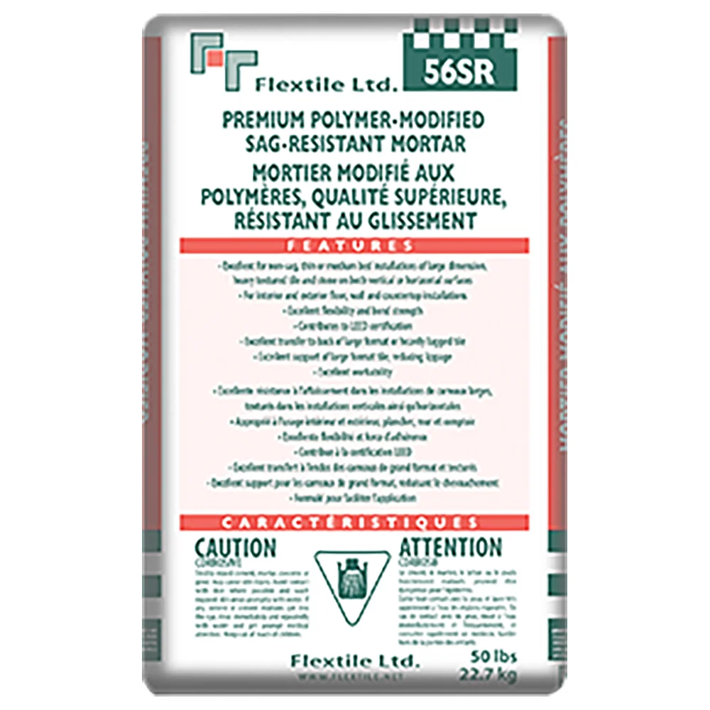 56SR PREMIUM SAG-RESISTANT 56 SR is a premium-grade, sag resistant mortar, designed specifically for thin or medium-bed, wall, floor and countertop installation of large format tile and stone. 56SR provides excellent sag resistance and mortar transfer to backs of larger format tile & stone on vertical applications, as well as superior tile support and mortar transfer on horizontal applications. A premium polymer modified dry set mortar consisting of high performance polymers and water retention additives, carefully graded sands, Portland cement, and special additives, which contribute to the unique characteristics of 56SR.