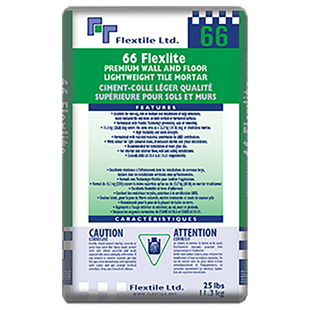 66 LIGHTWEIGHT MORTAR Flexlite 66 is a premium-grade, non-sag lightweight mortar, for thin or medium-bed, wall, floor and ceiling installation of marble, slate, granite, pre-cast terrazzo, porcelain tile, and most types of ceramic and stone tile. For installation on properly prepared substrates of concrete, masonry, cement terrazzo, concrete backer units, existing surfaces of ceramic or stone tiles, Flextile WP980 waterproofing and crack isolation membrane, or, in dry areas only, exterior grade plywood.