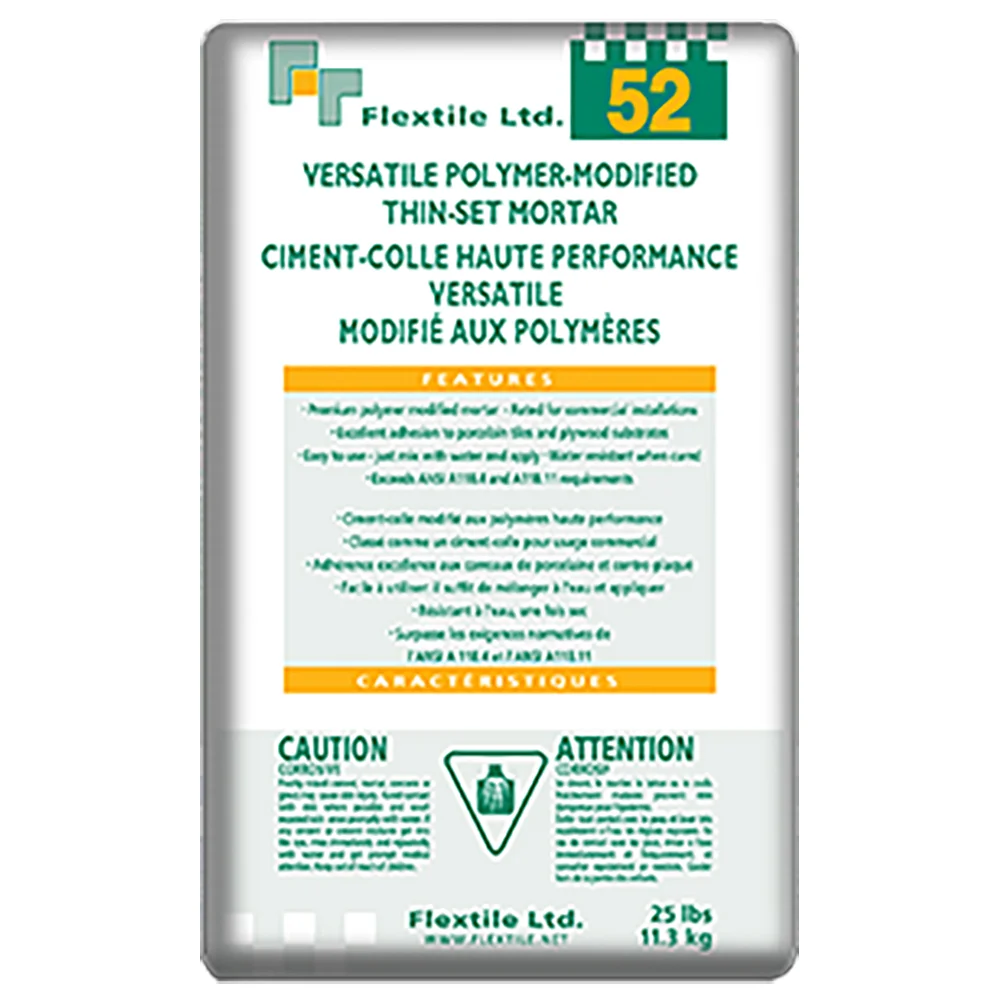 52 PREMIUM P.M. THIN-SET MORTAR Flextile 52 is a premium-grade, superior high-performance, one-component, polymer-modified thin-set mortar. Unique, high polymer modification provides the superior bonding characteristics and exceptional flexibility required for installation of tile and stone over difficult to bond surfaces such as exterior grade plywood, vinyl and laminates. Installation of porcelain, ceramic, mosaic, quarry, paver tile, natural stone, marble, granite, slate, and precast terrazzo tile.