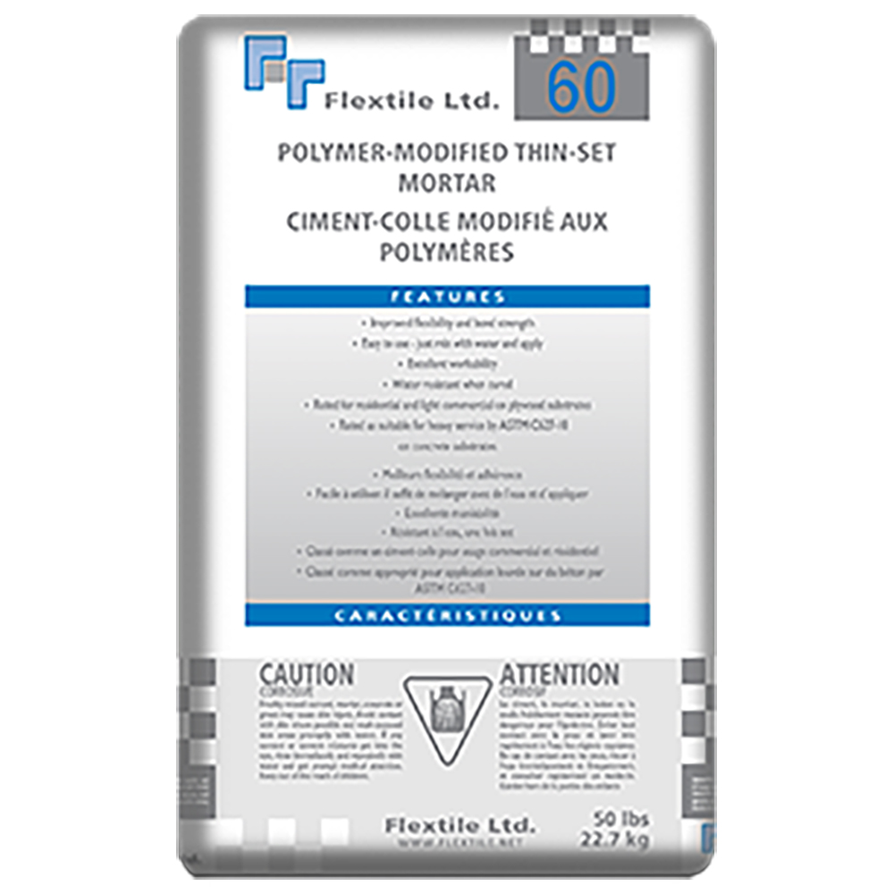 60 P.M. THIN-SET MORTAR Flextile 60 is a one-component, polymer-modified thin-set mortar. Polymer modification provides the excellent bonding and flexibility characteristics required for installation of tile and stone over most surfaces. For the installation of porcelain, ceramic, mosaic, quarry and paver tile, natural stone, marble, granite, slate and precast terrazzo tile.