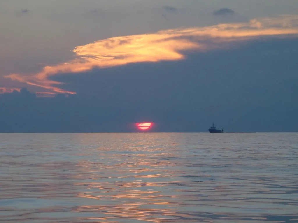 Sunset behind a skimmer boat