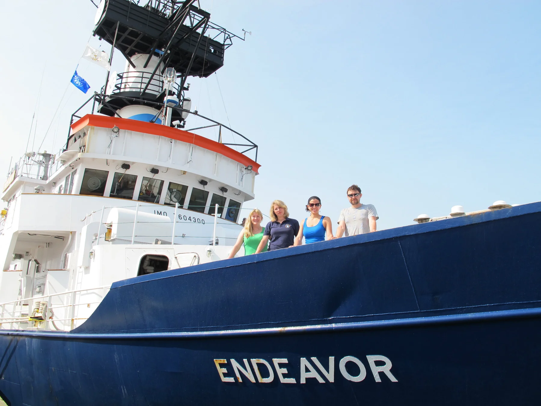 R/V Endeavor on June, 2012 cruise with Joye Research Group team (lt to rt: Joy Battles, Johanna Schweers, Dr. Melitza Crespo-Medina, and Ryan Sibert)