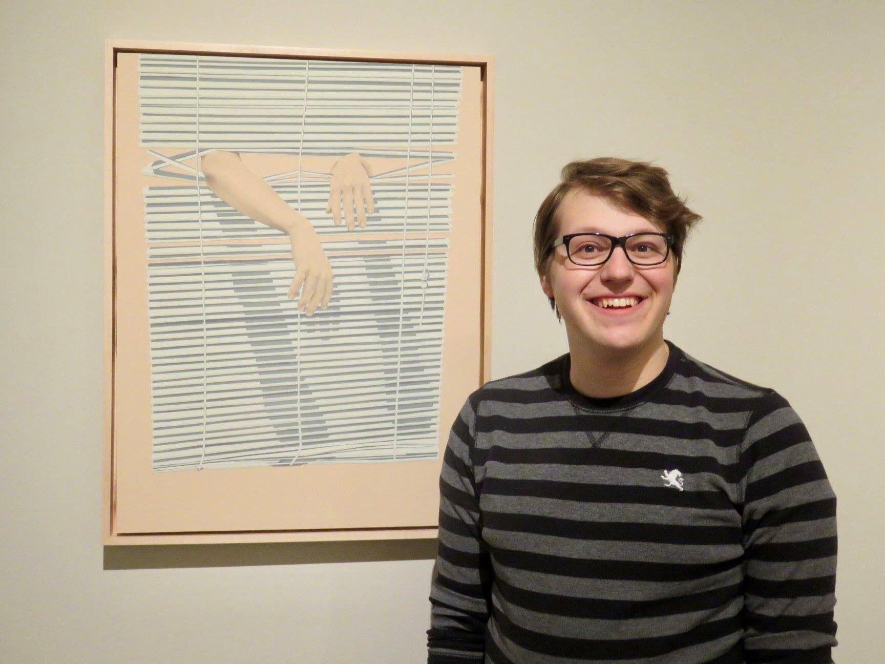  Nobles in front of his piece  “Linger here”  during his thesis exhibition in 2018 