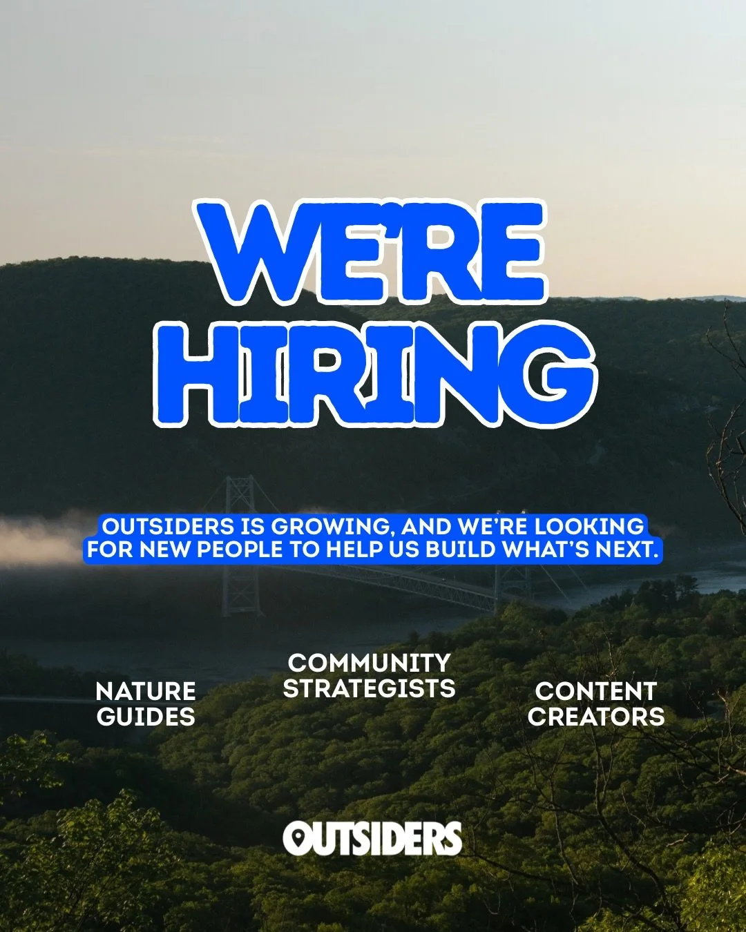 We&rsquo;re growing the OUTSIDERS team.

We&rsquo;re looking for people who want to help us create better adventures, tell better stories, and build stronger partnerships around the community.

Right now, we&rsquo;re hiring:
🥾 Nature Guides
🌱 Commu